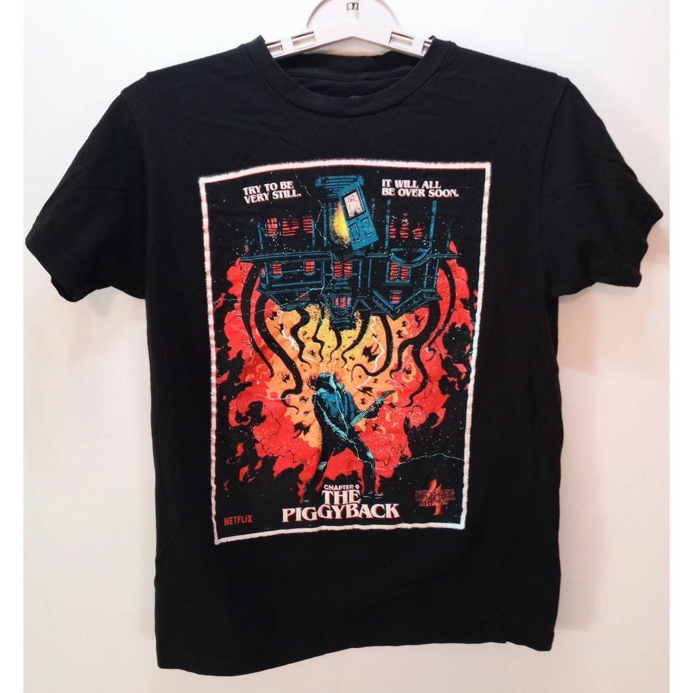 Stranger Things 4 The Piggyback Boy's, Youth T-shirt, Small, Black